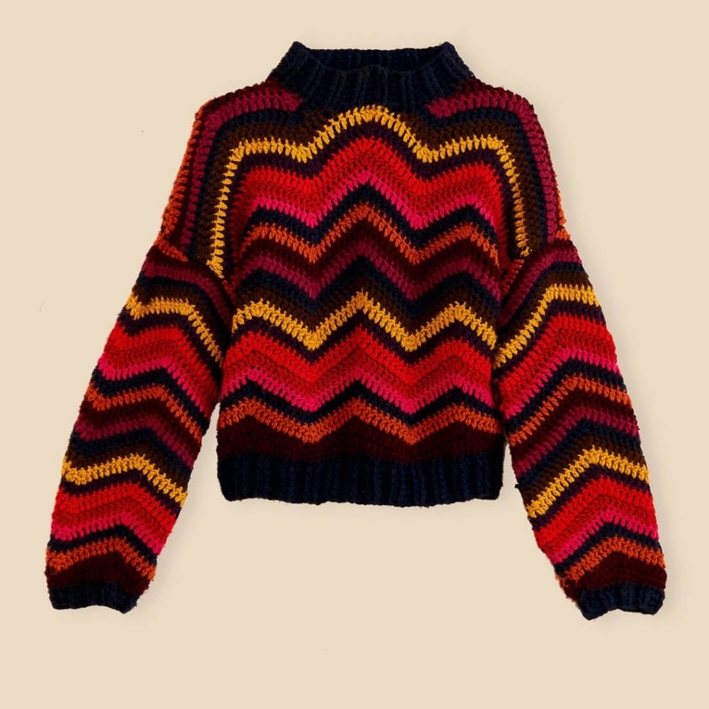 Farm Rio Colorful Waves Rainbow Handmade Crochet Balloon Sleeve Sweater Medium